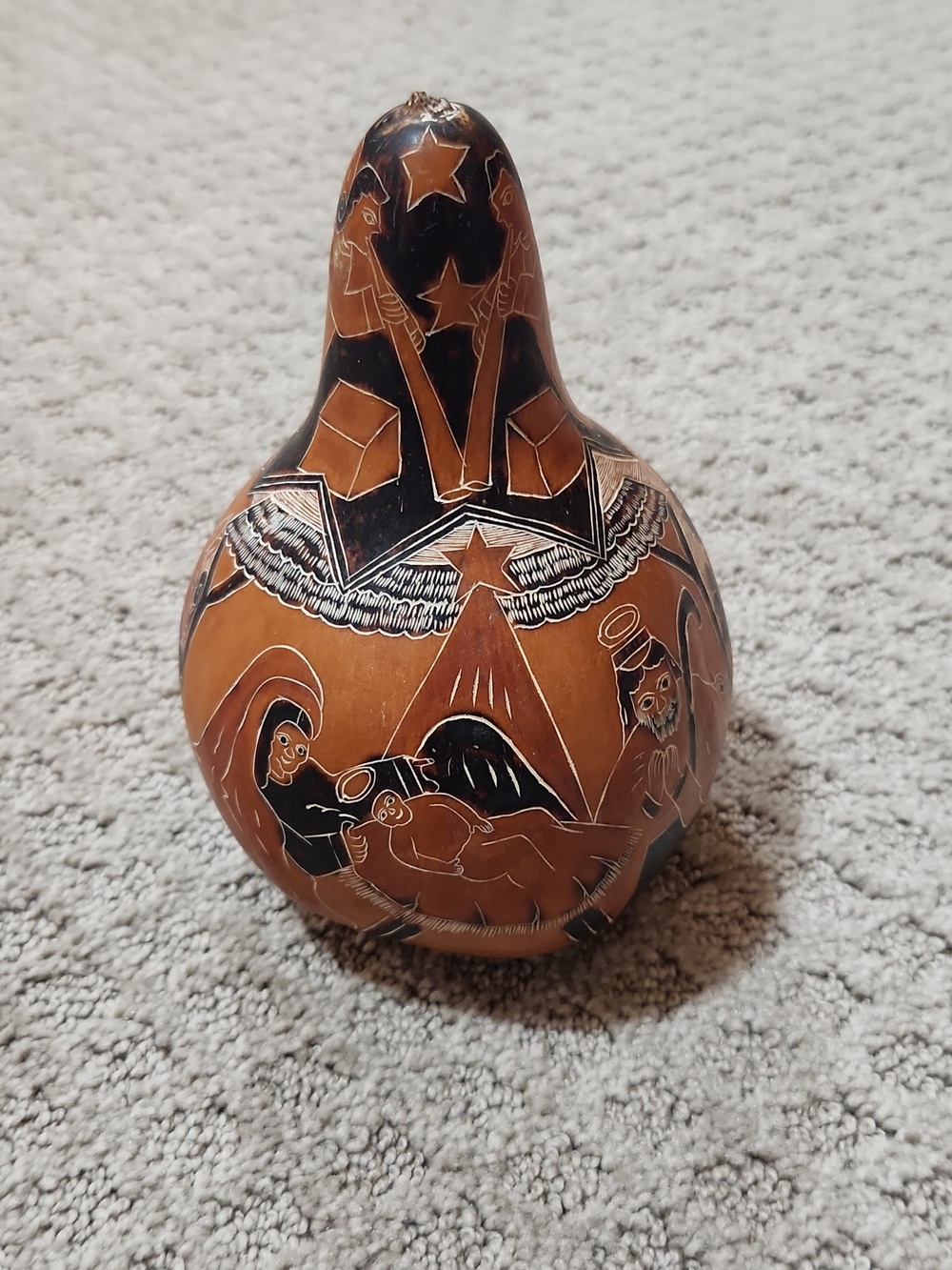 Handcrafted Brown and Black Nativity Scene Gourd Sculpture - Home Art